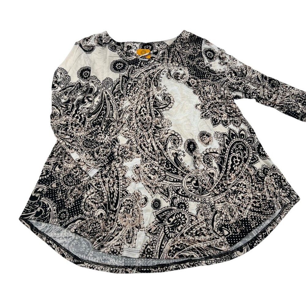 Ruby Rd. Women's Sz Small Black & Beige Paisley 3/4 Sleeve Top‎